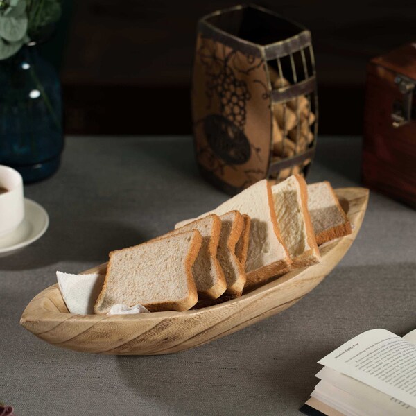 Wood Carved Boat Shaped Bowl Basket Rustic Display Tray - Small